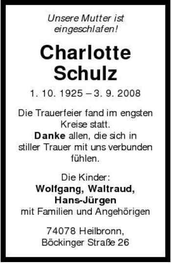 Traueranzeige von Charlotte Schulz 