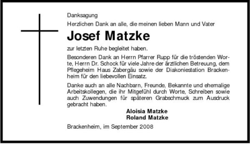  Traueranzeige für Josef Matzke vom 06.09.2008 aus 