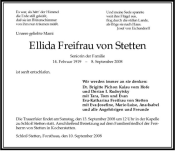 Traueranzeige von Ellida Freifrau von Stetten 