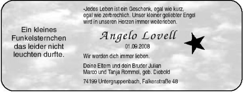  Traueranzeige für Angelo Lovell Rommel vom 13.09.2008 aus 
