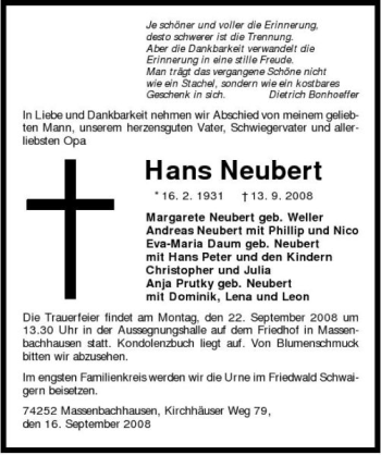 Traueranzeige von Hans Neubert 