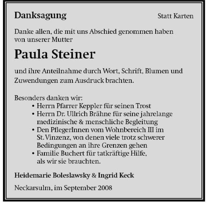  Traueranzeige für Paula Steiner vom 19.09.2008 aus 