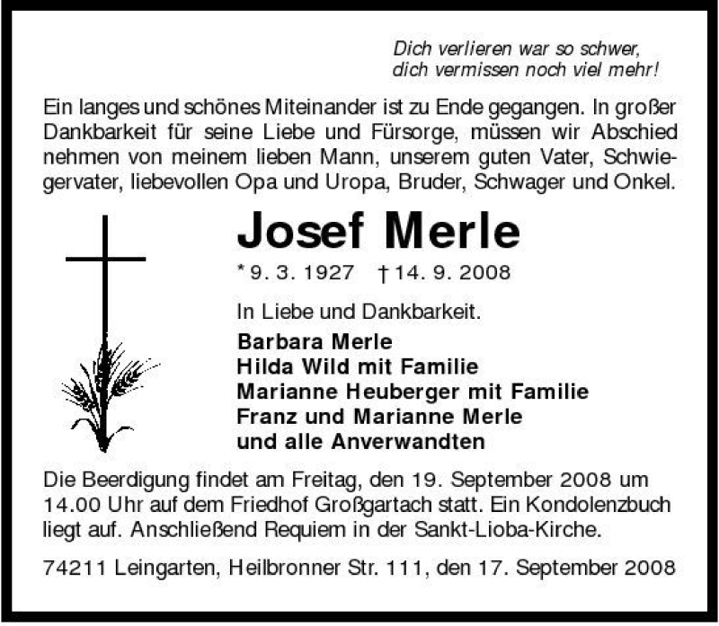  Traueranzeige für Josef Merle vom 17.09.2008 aus 