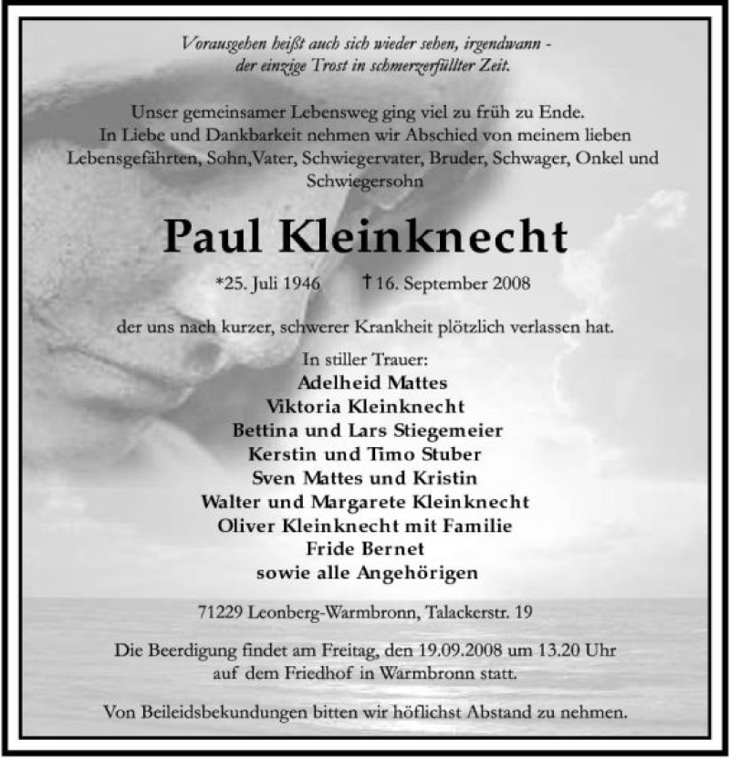  Traueranzeige für Paul Kleinknecht vom 18.09.2008 aus 