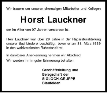 Traueranzeige von Horst 1280-1000 Lauckner 