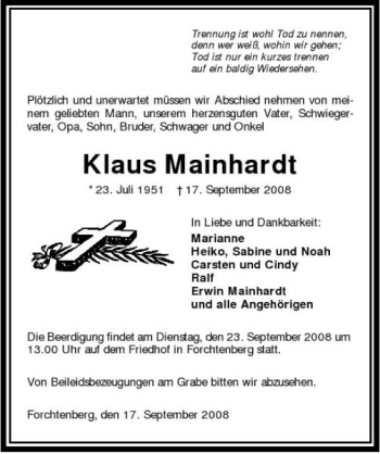 Traueranzeige von Klaus Mainhardt 