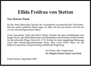 Traueranzeige von Ellida Freifrau von Stetten 