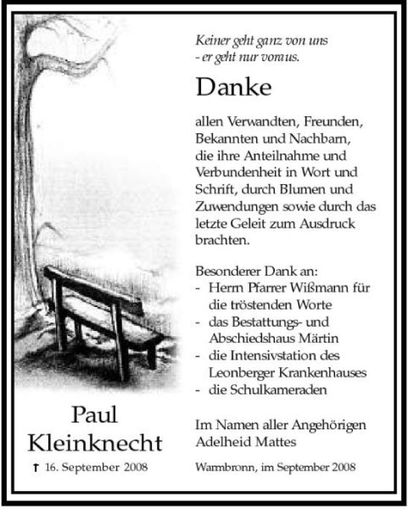  Traueranzeige für Paul Kleinknecht vom 27.09.2008 aus 