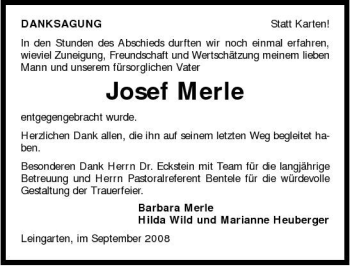 Traueranzeige von Josef Merle 