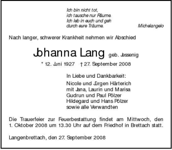 Traueranzeige von Johanna Lang 