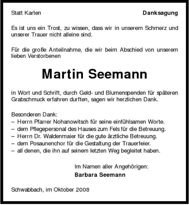  Traueranzeige für Barbara Seemann vom 01.10.2008 aus 