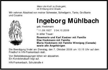 Traueranzeige von Ingeborg Mühlbach 
