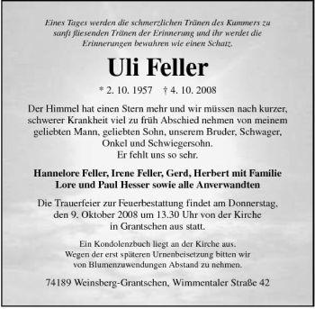 Traueranzeige von Uli Feller 