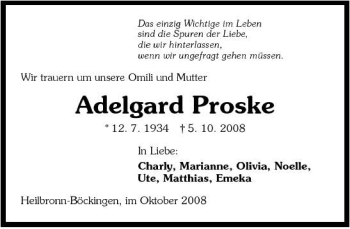 Traueranzeige von Adelgard Proske 