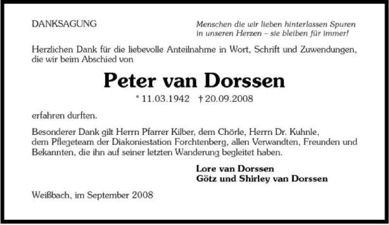  Traueranzeige für Peter Van Dorssen vom 18.10.2008 aus 