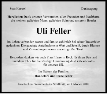 Traueranzeige von Uli Feller 