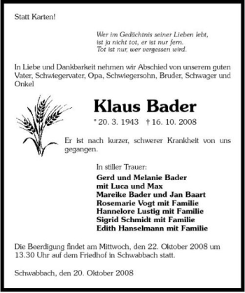 Traueranzeige von Klaus Bader 