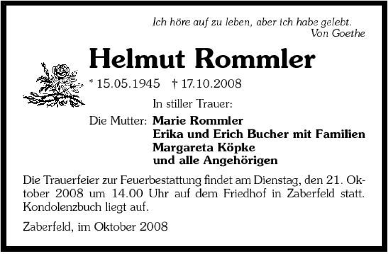  Traueranzeige für Helmut Rommler vom 20.10.2008 aus 