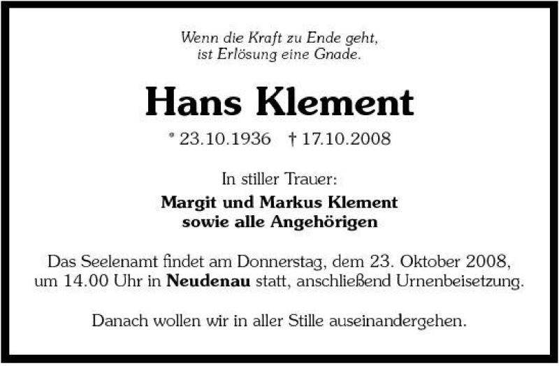  Traueranzeige für Hans Klement vom 20.10.2008 aus 