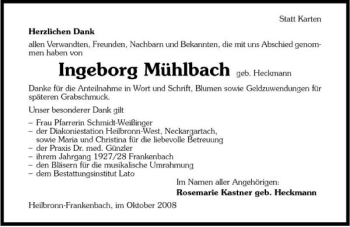 Traueranzeige von Ingeborg Mühlbach 