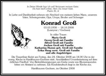 Traueranzeige von . Konrad Groß 