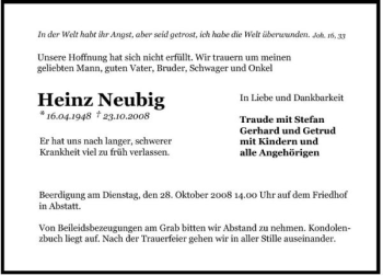 Traueranzeige von Heinz Neubig 