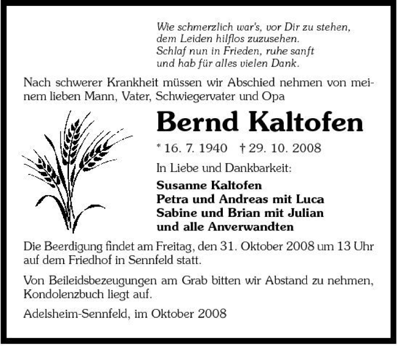  Traueranzeige für Bernd Kaltofen vom 30.10.2008 aus 