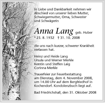 Traueranzeige von Anna Lang 
