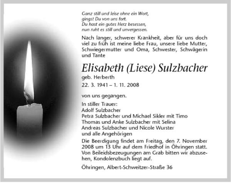 Traueranzeige für Elisabeth Sulzbacher vom 04.11.2008 aus 