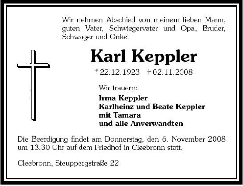  Traueranzeige für Karl Keppler vom 04.11.2008 aus 