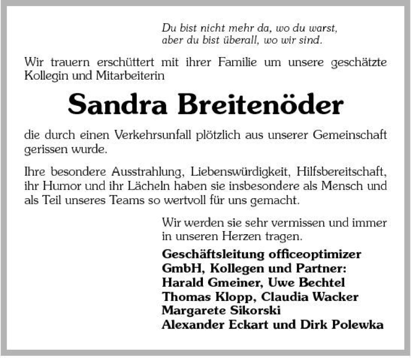  Traueranzeige für Sandra Breitenöder vom 05.11.2008 aus 