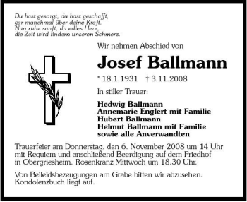Traueranzeige von Josef Ballmann 