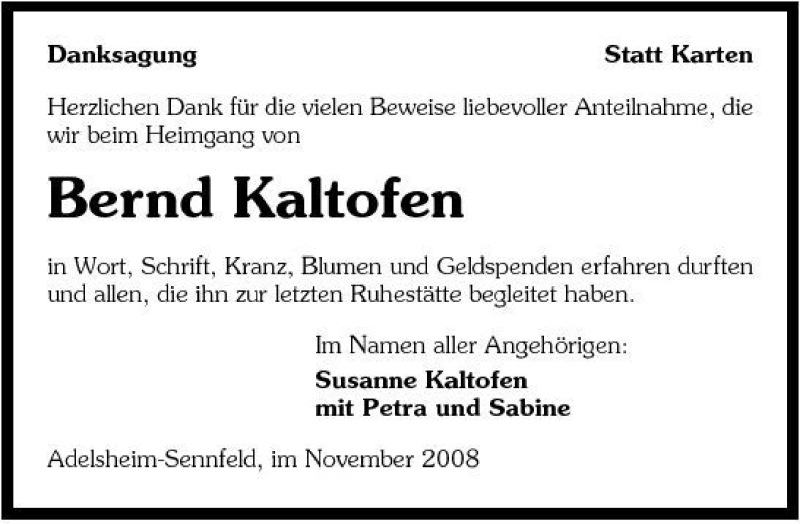 Traueranzeige für Bernd Kaltofen vom 08.11.2008 aus 