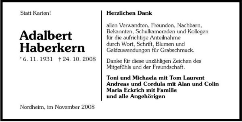  Traueranzeige für Adalbert Haberkern vom 08.11.2008 aus 