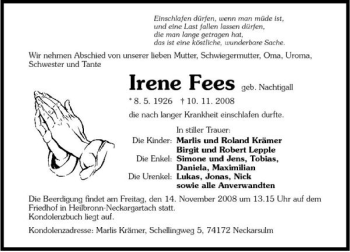 Traueranzeige von Irene Fees 