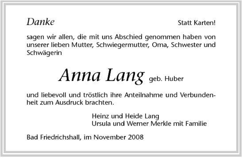  Traueranzeige für Anna Lang vom 12.11.2008 aus 