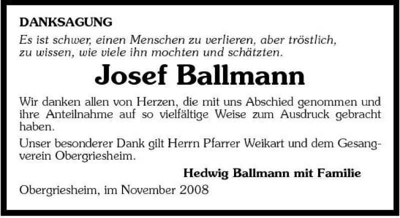  Traueranzeige für Josef Ballmann vom 15.11.2008 aus 