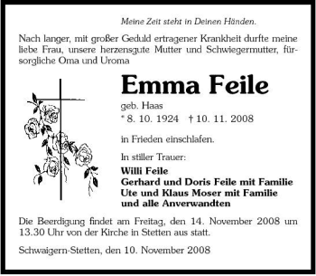 Traueranzeige von Emma Feile 