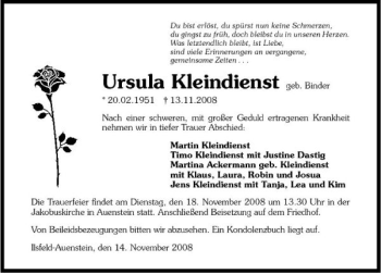 Traueranzeige von Ursula Kleindienst 