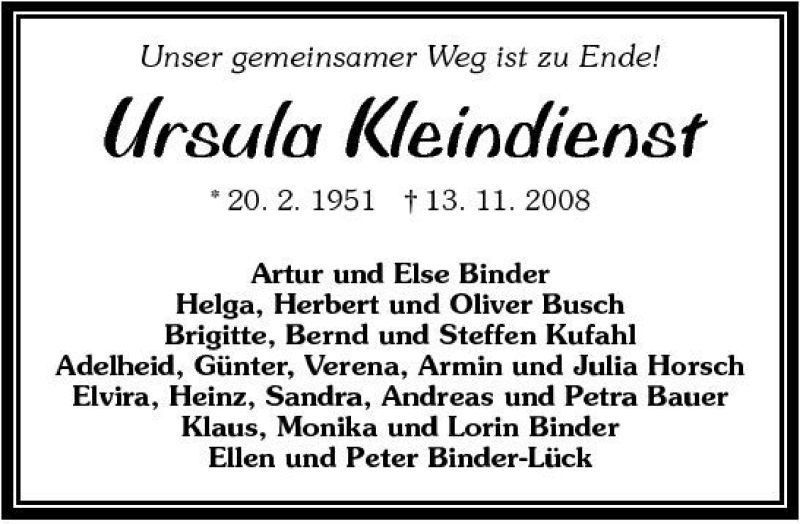  Traueranzeige für Ursula Kleindienst vom 15.11.2008 aus 