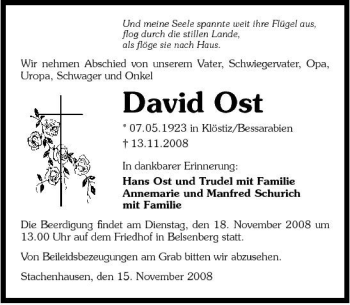 Traueranzeige von David Ost 