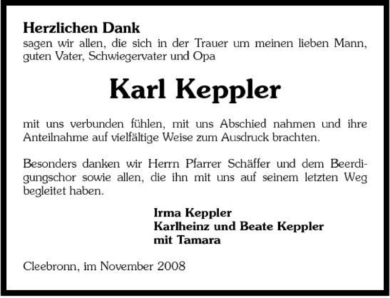  Traueranzeige für Karl Keppler vom 15.11.2008 aus 