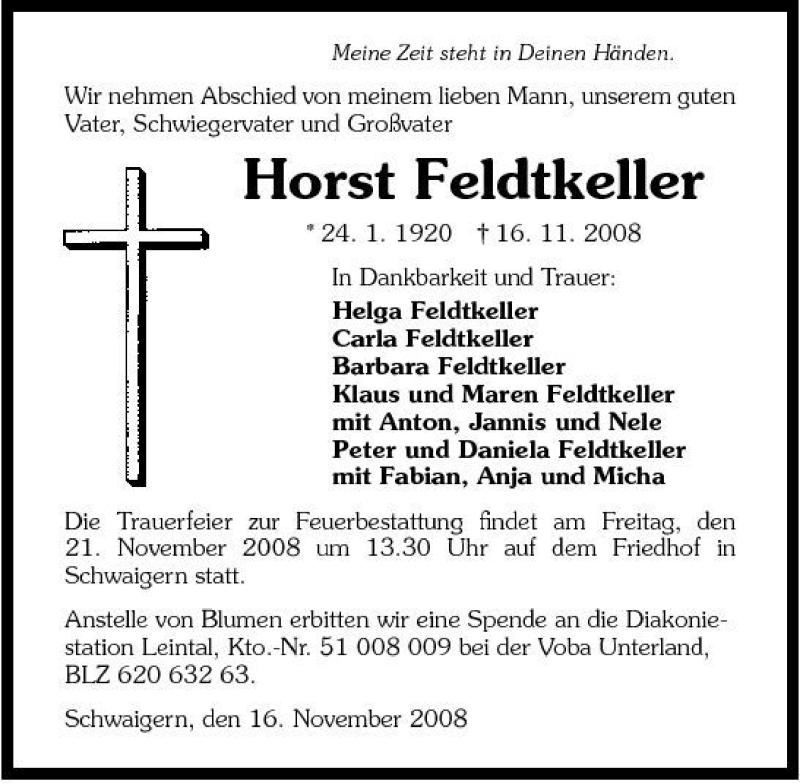  Traueranzeige für Horst Feldtkeller vom 18.11.2008 aus 