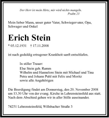 Traueranzeige von Erich Stein 