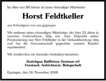 Traueranzeige von Horst Feldtkeller 