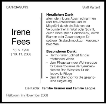 Traueranzeige von Irene Fees 