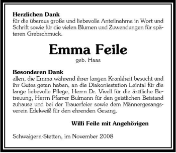 Traueranzeige von Emma Feile 