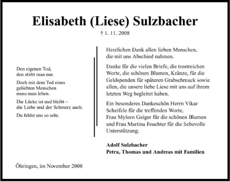  Traueranzeige für Elisabeth Sulzbacher vom 22.11.2008 aus 