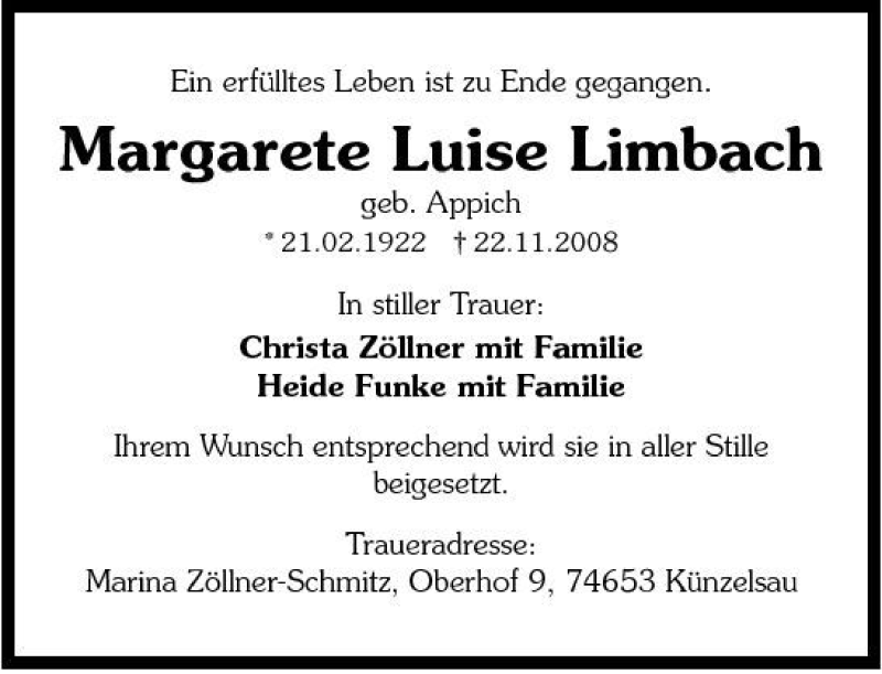  Traueranzeige für Margarete Limbach vom 26.11.2008 aus 