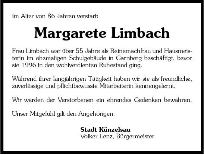  Traueranzeige für Margarete Limbach vom 28.11.2008 aus 
